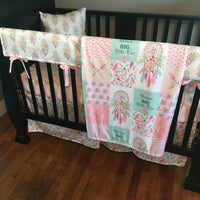 Baby Girl Boho Crib Bedding Set with dream catchers, flowers and feather, in mint and baby pink, baby girl nursery decor,
