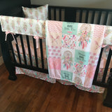 Baby Girl Boho Crib Bedding Set with dream catchers, flowers and feather, in mint and baby pink, baby girl nursery decor,