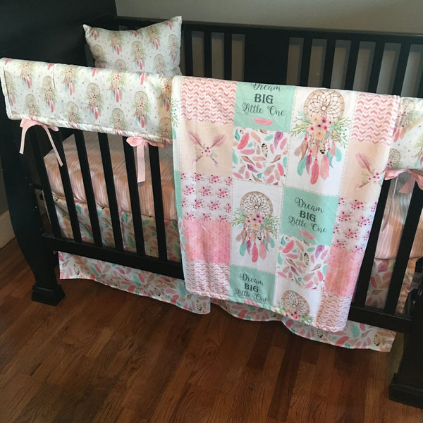 Baby Girl Boho Crib Bedding Set with dream catchers, flowers and feather, in mint and baby pink, baby girl nursery decor,