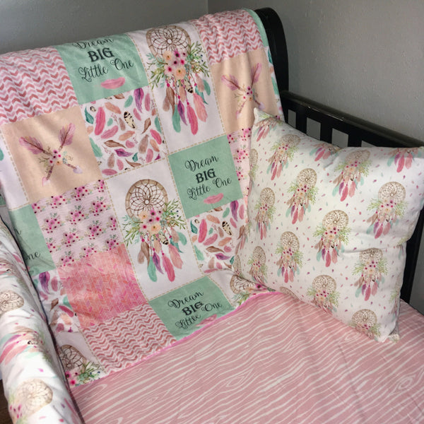 Double Minky Baby Girl Blanket with a modern boho theme featuring dreamcatchers, feathers, florals, and dream big little one prints
