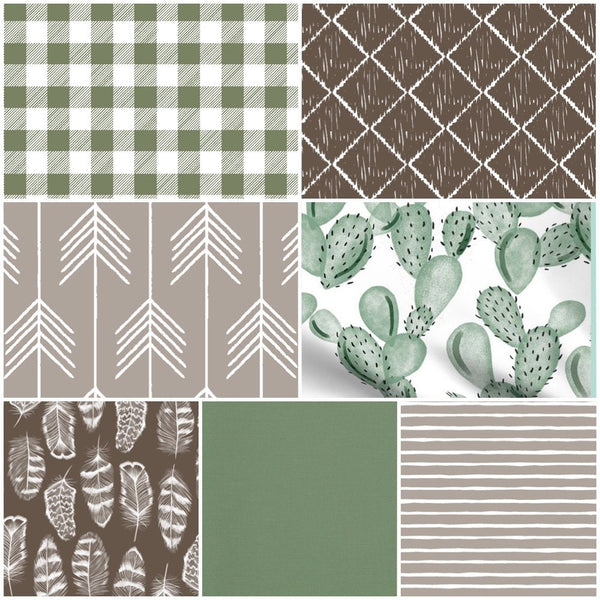 Gender Neutral Custom Made to Order Baby Boy Bedding with a modern boho theme in brown, green and tan featuring cactus, arrows, feathers