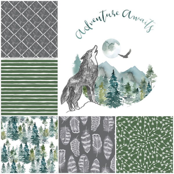 Adventure Awaits Baby Bedding Set in green and gray with a woodland adventure theme with mountains, trees, feathers, baby boy nursery decor