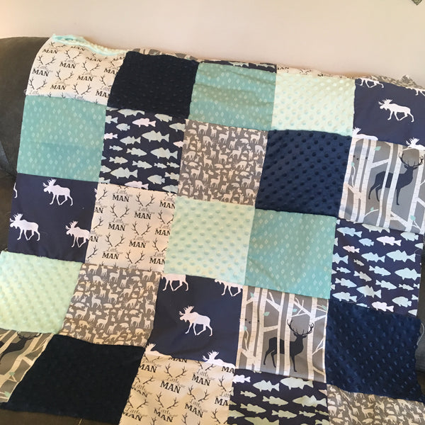 Ready to Ship Baby Boy Blanket with woodland theme in mint, navy and gray, deer, moose, fish, birch tree and little man fabrics