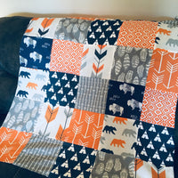 Patchwork Baby Blanket, navy, Gray, Orange, minky back,  Aztec tribal theme, arrows, bears and teepees, Ready to Ship