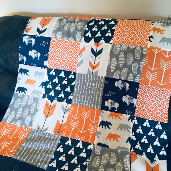 Patchwork Baby Blanket, navy, Gray, Orange, minky back,  Aztec tribal theme, arrows, bears and teepees, Ready to Ship