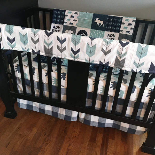 Adventure Plaid Baby Bedding In Navy, Dusty Blue and Gray
