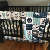 Adventure Plaid Baby Bedding In Navy, Dusty Blue and Gray