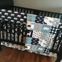 Baby Bear Bedding Set in Navy Blue, Dusty Blue and Gray