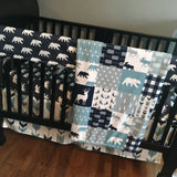 Baby Bear Bedding Set in Navy Blue, Dusty Blue and Gray