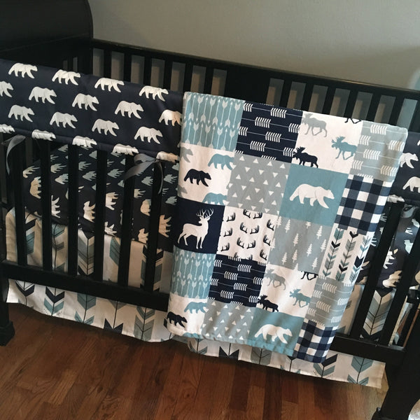 Baby Bear Bedding Set in Navy Blue, Dusty Blue and Gray