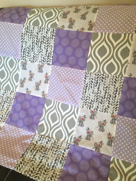 Ready to Ship Baby Girl Blanket in purple and gray with floral elephants, stripes and fun geometric fabrics