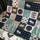 Adventure Plaid Baby Bedding In Navy, Dusty Blue and Gray