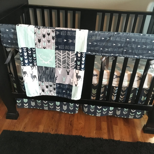 Wild and Free Woodland Baby Boy Bedding in Navy, Mint and Gray with deer and arrows, made to order crib bedding set, minky blanket