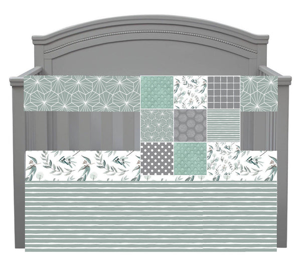 Sage Green and Gray bedding with eucalyptus leaves