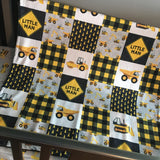 Custom Made to Order Baby Boy Crib Bedding Set in Black, gray and yellow with a heavy equipment construction theme