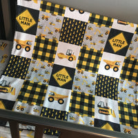 Baby Boy Crib Bedding Set with a Little Man Construction theme in  yellow and black with dump trucks, loaders and bulldozers, Minky blanket
