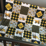 Baby Boy Crib Bedding Set with a Little Man Construction theme in  yellow and black with dump trucks, loaders and bulldozers, Minky blanket
