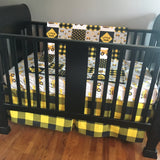 Baby Boy Crib Bedding Set with a Little Man Construction theme in  yellow and black with dump trucks, loaders and bulldozers, Minky blanket