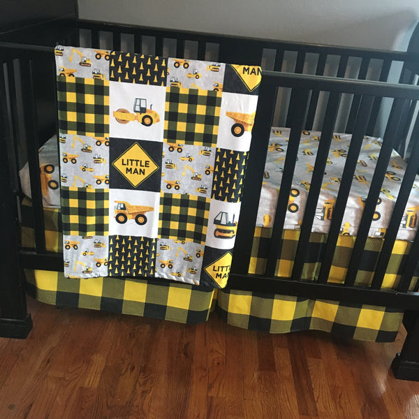 Baby Boy Crib Bedding Set with a Little Man Construction theme in  yellow and black with dump trucks, loaders and bulldozers, Minky blanket
