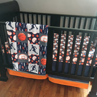 Baby Boy Basketball Crib Bedding Set in Navy, Orange and Gray, double Minky basketball baby blanket, sports theme nursery decor