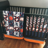 Baby Boy Basketball Crib Bedding Set in Navy, Orange and Gray, double Minky basketball baby blanket, sports theme nursery decor