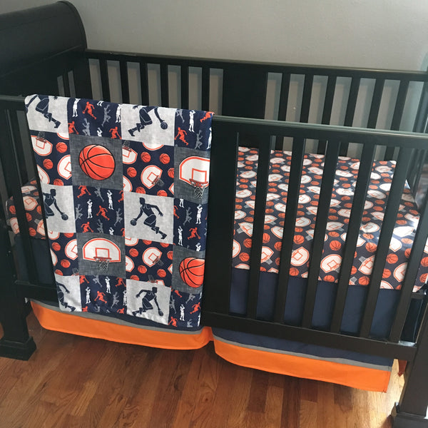 Baby Boy Basketball Crib Bedding Set in Navy, Orange and Gray, double Minky basketball baby blanket, sports theme nursery decor