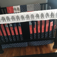Neutral Baby Bedding in Red, White and Blue with elephants