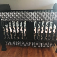 Custom Made to Order Baby Bedding in Black and white monochrome with a modern wild bear theme featuring arrows, bears, wild prints