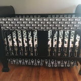 Custom Made to Order Baby Bedding in Black and white monochrome with a modern wild bear theme featuring arrows, bears, wild prints