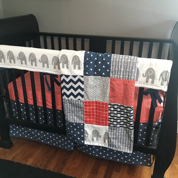 Neutral Baby Bedding in Red, White and Blue with elephants