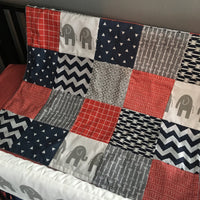 Neutral Baby Bedding in Red, White and Blue with elephants