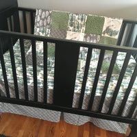 Adventure Awaits Baby Boy Bedding in Green & Gray, with a nature inspired theme with wolves, trees, mountains, feathers - made to order