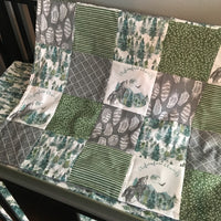 Adventure Awaits Baby Boy Bedding in Green & Gray, with a nature inspired theme with wolves, trees, mountains, feathers - made to order