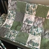Adventure Awaits Baby Boy Bedding in Green & Gray, with a nature inspired theme with wolves, trees, mountains, feathers - made to order