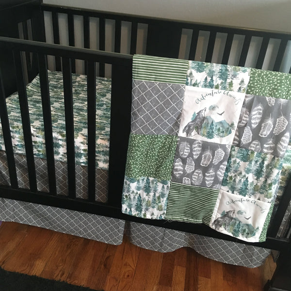 Adventure Awaits Baby Boy Bedding in Green & Gray, with a nature inspired theme with wolves, trees, mountains, feathers - made to order