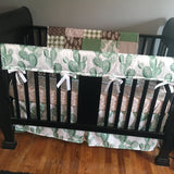 Gender Neutral Baby Bedding in tan, green and brown with succulent cactus, plaid, stripe and feather designs, crib skirt, sheet, blanket