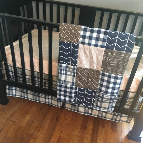 Custom Baby Boy Bedding Set in Navy Blue, Brown and Tan, plaid and arrows, baby boy nursery decor, crib bedding set, baby shower gift