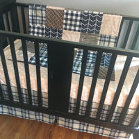 Custom Baby Boy Bedding Set in Navy Blue, Brown and Tan, plaid and arrows, baby boy nursery decor, crib bedding set, baby shower gift