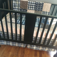 Custom Baby Boy Bedding Set in Navy Blue, Brown and Tan, plaid and arrows, baby boy nursery decor, crib bedding set, baby shower gift