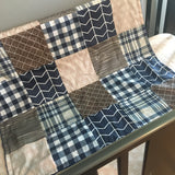 Custom Baby Boy Bedding Set in Navy Blue, Brown and Tan, plaid and arrows, baby boy nursery decor, crib bedding set, baby shower gift