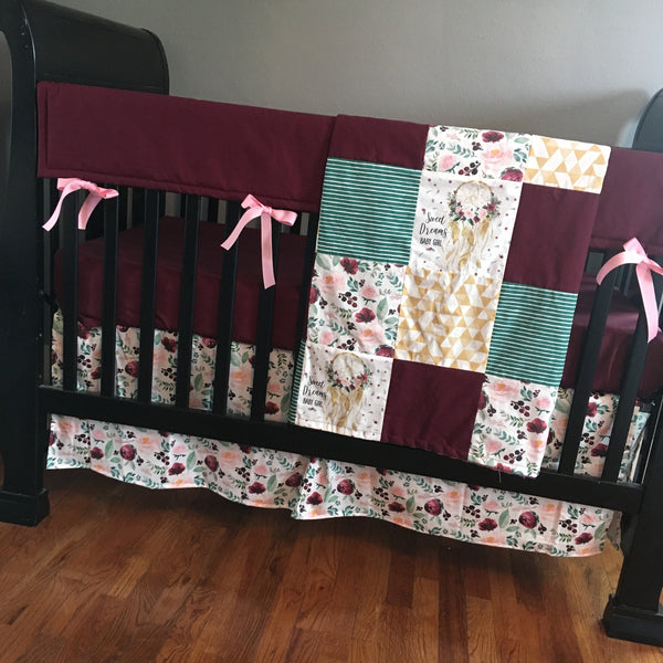 Sweet Dreams Baby Girl Crib Bedding set in burgundy, pink and gold with dreamcatchers and floral prints, baby girl nursery decor, boho theme