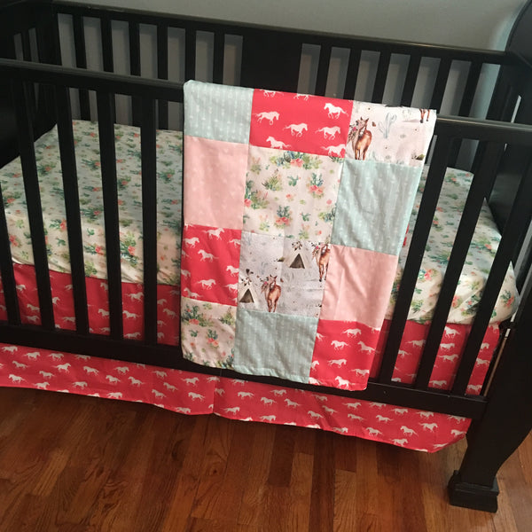 Made to Order Baby Girl Bedding in pink with wild horses, cactus  and floral fabrics