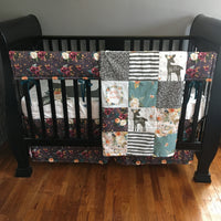 Boho Baby Girl Bedding with woodland accents, hello deer, floral fabrics, plum purple, dark mint, and jewel tone colors, baby shower gift