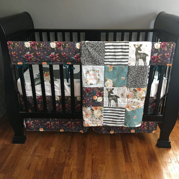 Boho Baby Girl Bedding with woodland accents, hello deer, floral fabrics, plum purple, dark mint, and jewel tone colors, baby shower gift