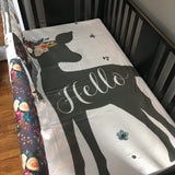 Boho Baby Girl Bedding with woodland accents, hello deer, floral fabrics, plum purple, dark mint, and jewel tone colors, baby shower gift