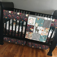 Boho Baby Girl Bedding with woodland accents, hello deer, floral fabrics, plum purple, dark mint, and jewel tone colors, baby shower gift