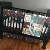 Boho Baby Girl Bedding with woodland accents, hello deer, floral fabrics, plum purple, dark mint, and jewel tone colors, baby shower gift
