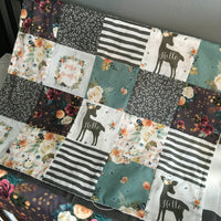 Boho Baby Girl Bedding with woodland accents, hello deer, floral fabrics, plum purple, dark mint, and jewel tone colors, baby shower gift