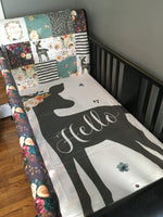 Boho Baby Girl Bedding with woodland accents, hello deer, floral fabrics, plum purple, dark mint, and jewel tone colors, baby shower gift