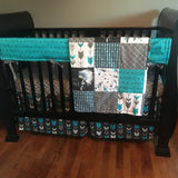Wild and Free Baby Boy Bedding in turquoise, black and gray with a modern boho tribal theme with dream catchers, little chief, and feathers